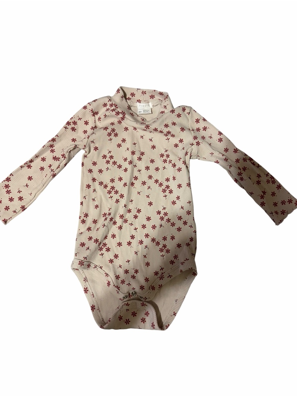 Cream Long-Sleeve Ribbed Baby Bodysuit with Red Floral Print
